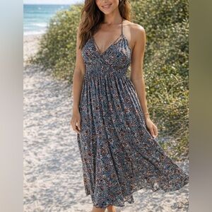 Blush Blue Floral Halter Smocked Maxi Dress with Rust Accents